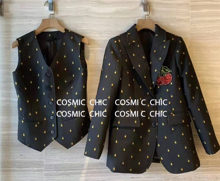 Cosmicchic, Осенний Женский блейзер, жилет, комплект, однобортный, с вышивкой, ананас, Блейзер, британский стиль, тонкий, винтажный жилет
