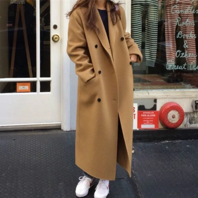 

New Korea Women Autumn Winter Double Breasted Long Wool Coat Ladies Long Sleeve Notched Collar Overcoat Parka Jacket Vintage