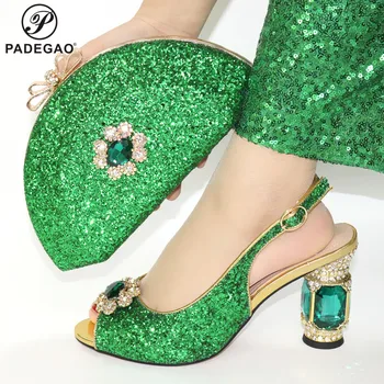 

Top Selling Woman Italian Pointed Toe Shoes And Purse Set African Style Square Heels Sandals Shoes And Bag For Fashion Party