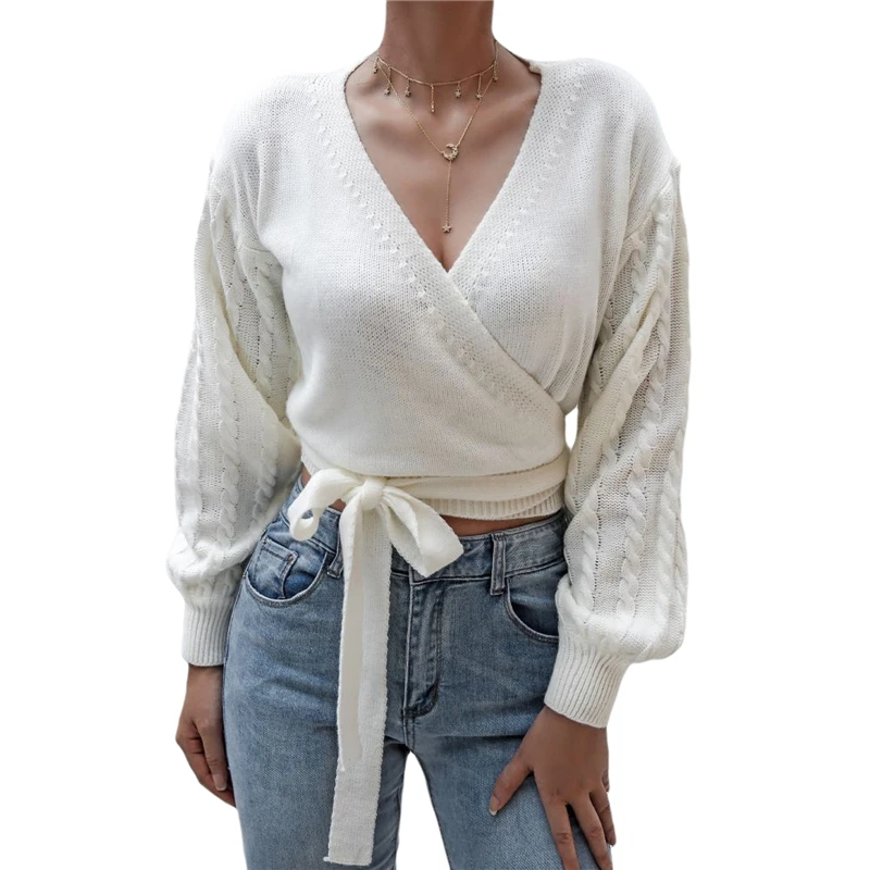 

PD Elegant Women V Neck Pullover Sweaters 2020 Autumn Winter Long Sleeve Warm Knitted Jumper Tops Loose White Female Sweaters
