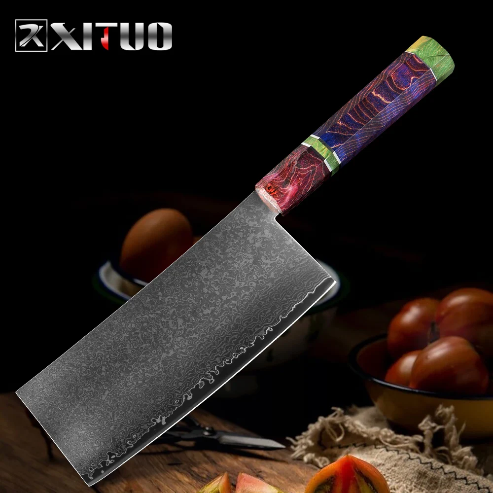XITUO китайский дамасский кухонный нож стальной 67 слойный нож шеф-повара Острый кухонный топорик нарезка овощей инструменты для домашнего приготовления цветная ручка