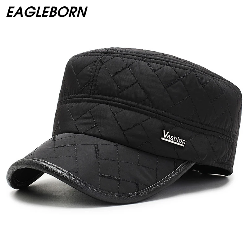 

2019 Winter men cap warm hat military caps with ear flaps russia flat top caps for men casquette Drop shipping
