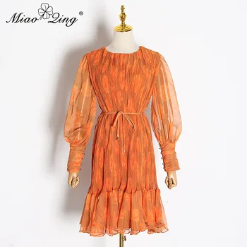 

MIAOQING Print Ruffle Women Dress O Neck Lantern Long Sleeve High Waist Drawstring Irregular Dresses For Female Fashion Tide