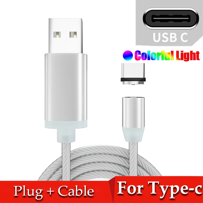 Магнитный течёт светодиодный кабель Micro USB для samsung S10 S9 type-c зарядное устройство для huawei магнитное зарядное устройство usb type C кабели - Цвет: Colorful for Type-c
