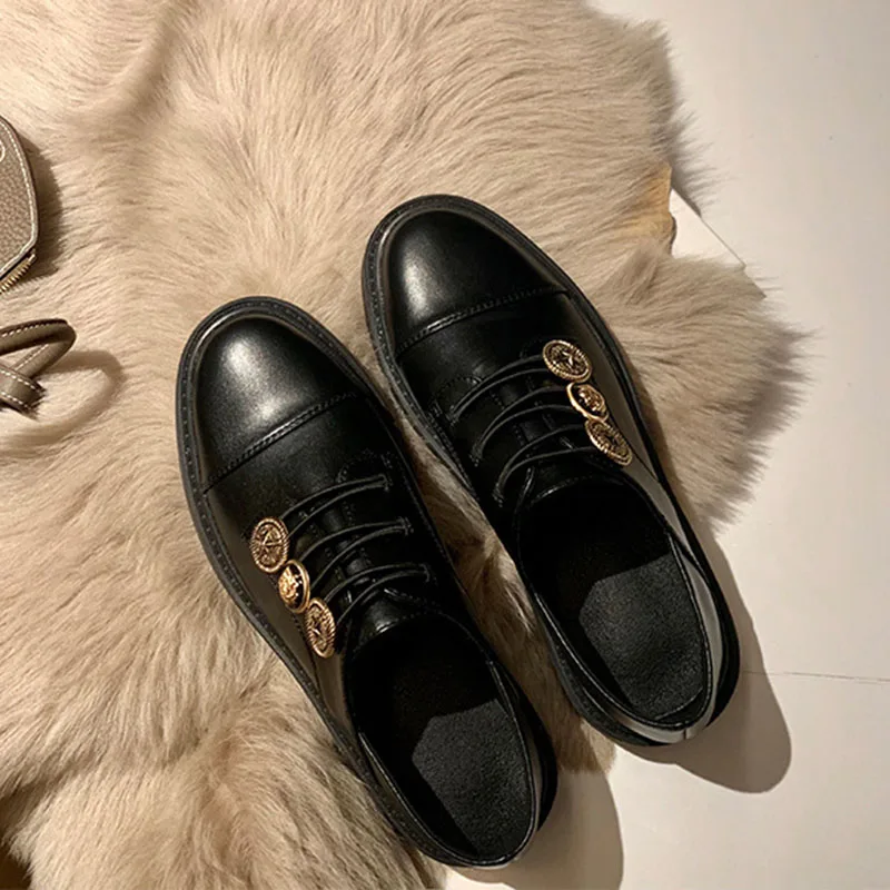 Designer Metal medal oxfords woman flats derby round toe thick heels loafers brogue elastic band small leather shoes women