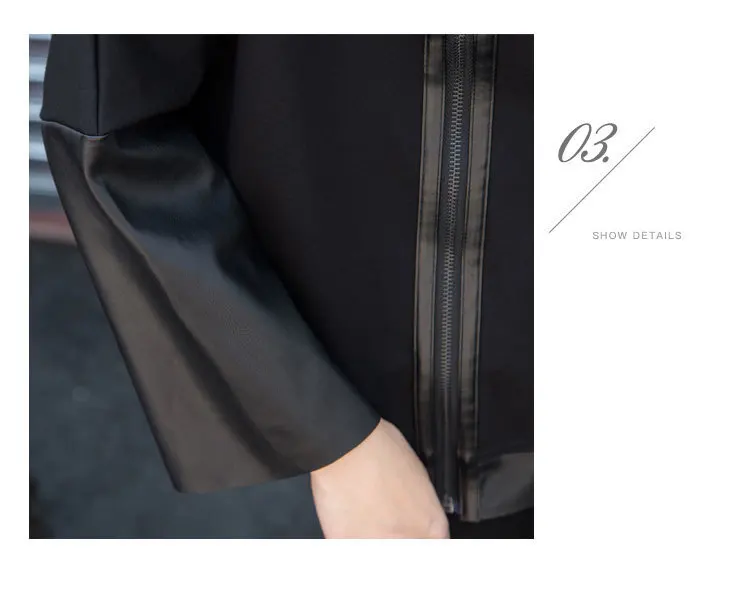 TVVOVVIN Women Black Batwing Sleeve Zip-up Sweatshirt Autumn Women Pu Patchwork Handsome Sweatshirt Plus Size D335
