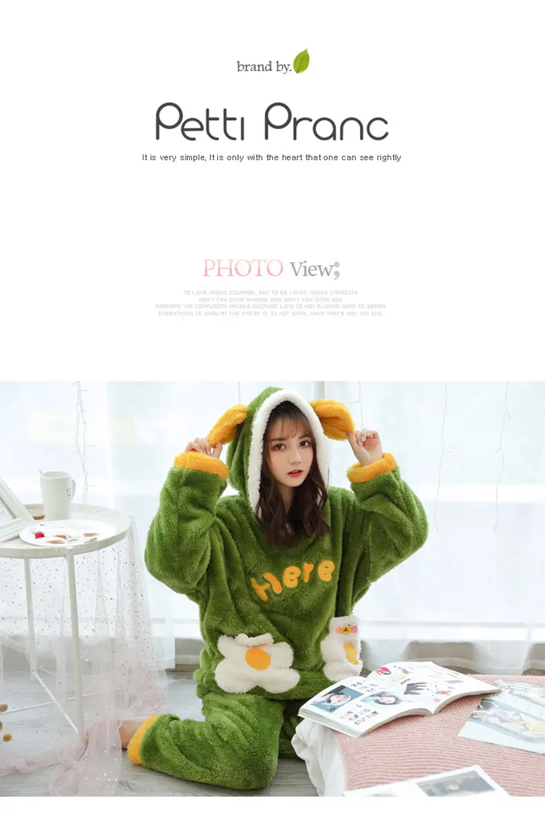 Jielur Warm Women Pajama Sets Winter Lady Long Sleeve Shirt+Pants Home suit Hooded Cartoon Print Thick Pijama Feminino