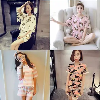 

Manufacturers Wholesale Female New Casual Short sleeve Pajamas Set Women's Cartoon printing Sleepwear Summer Thin home clothing