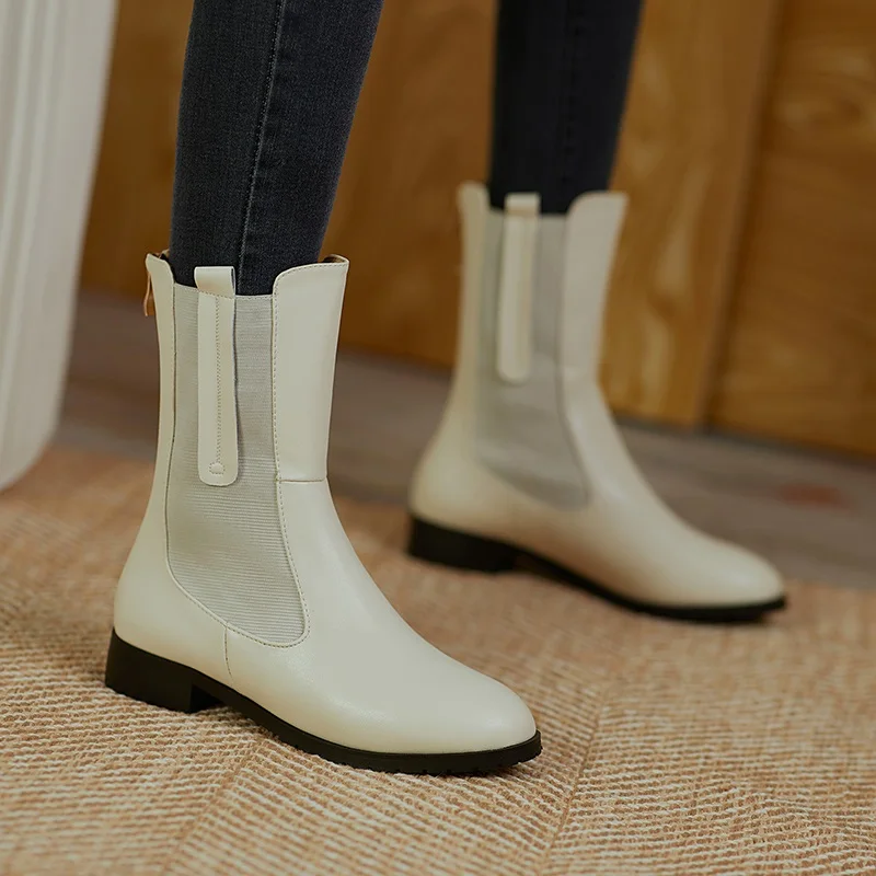 Punk style flats platform women ankle boots fashion soft leather ladies slip on chunky shoes beige black women's motorcycle soot