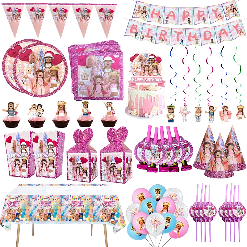 Pink Girl's Happy Birthday Decoration Robloxs Theme Balloon Banner Flag Cake Topper Baby Shower Toys For Kids Party Supplies | Дом и сад