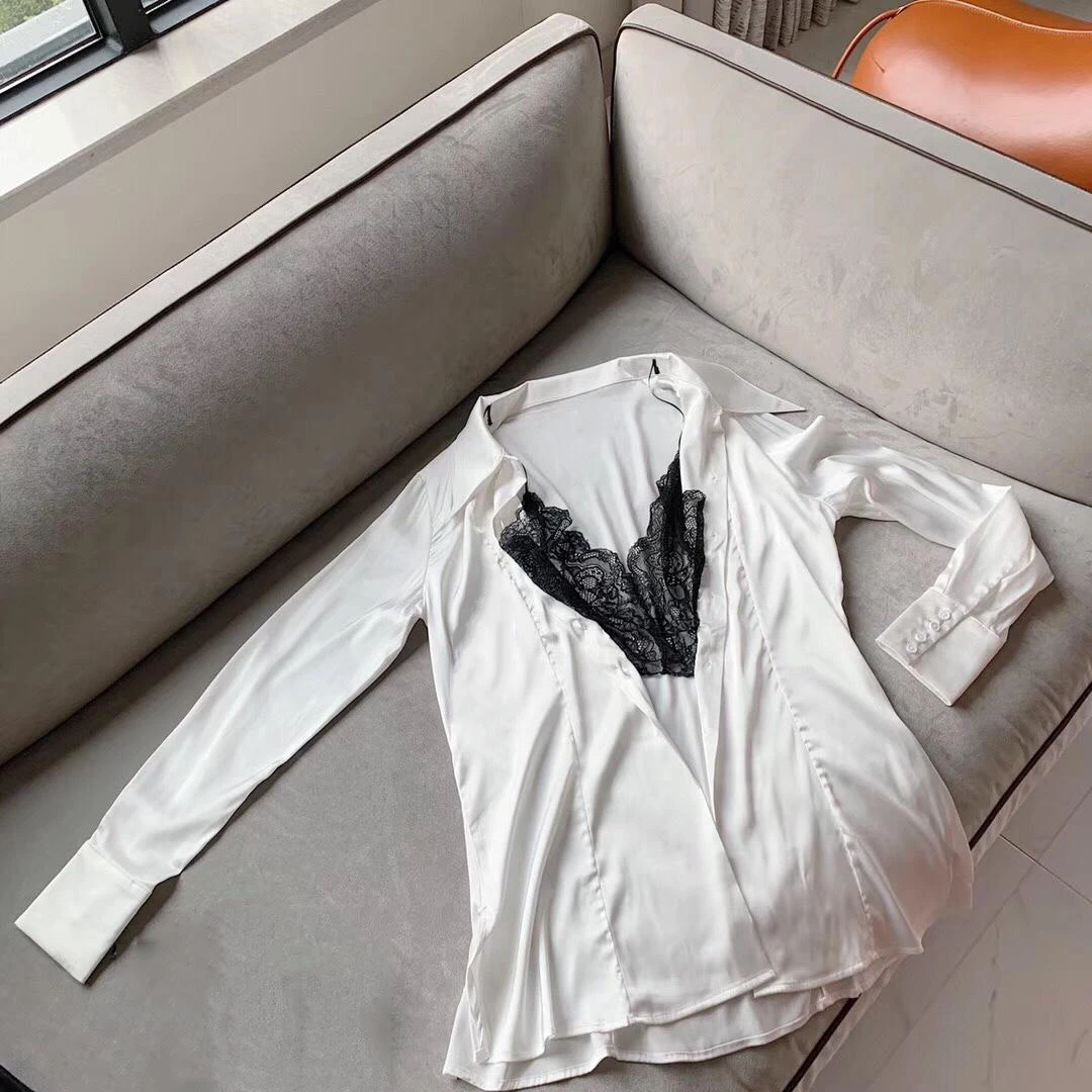 

2019 new ladies fashion long-sleeved sexy chiffon lace shirt 0809