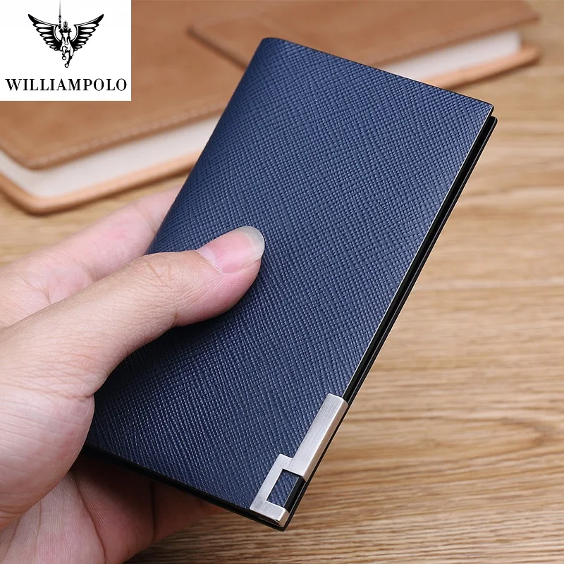 WilliamPolo-cartera delgada para hombre, tarjetero plegable, Mini monedero ultrafino, cartera con compartimento para varias tarjetas, billetera de cuero de grano completo