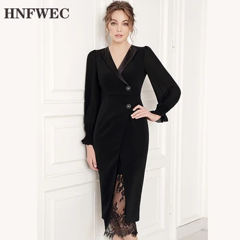

can ship Black Vent Lace Split Two Piece Dress New Notched Long Sleeve Loose Fit Fashion Tide Spring Autumn 2020 V984