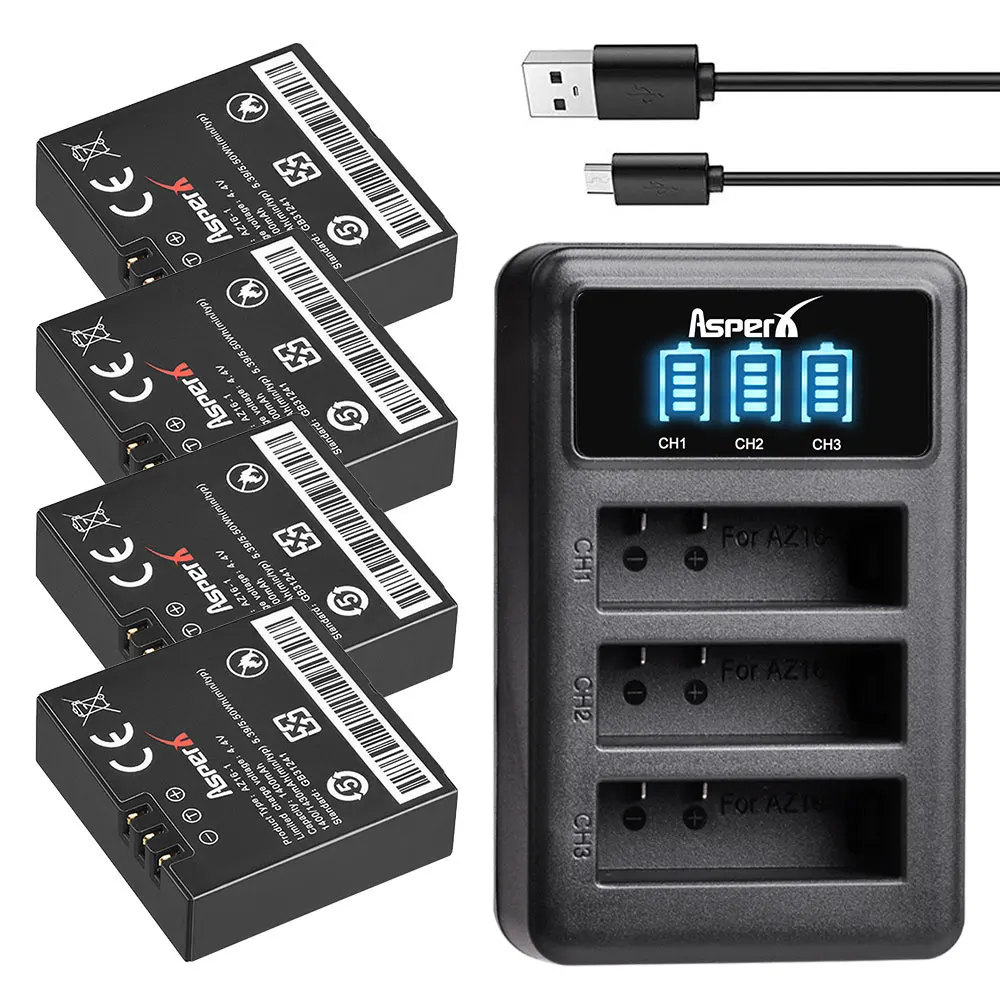 4pcs Az161 Az16 Battery For Xiaomi Yi Lite 2 4k 4k + Led 3slots Usb