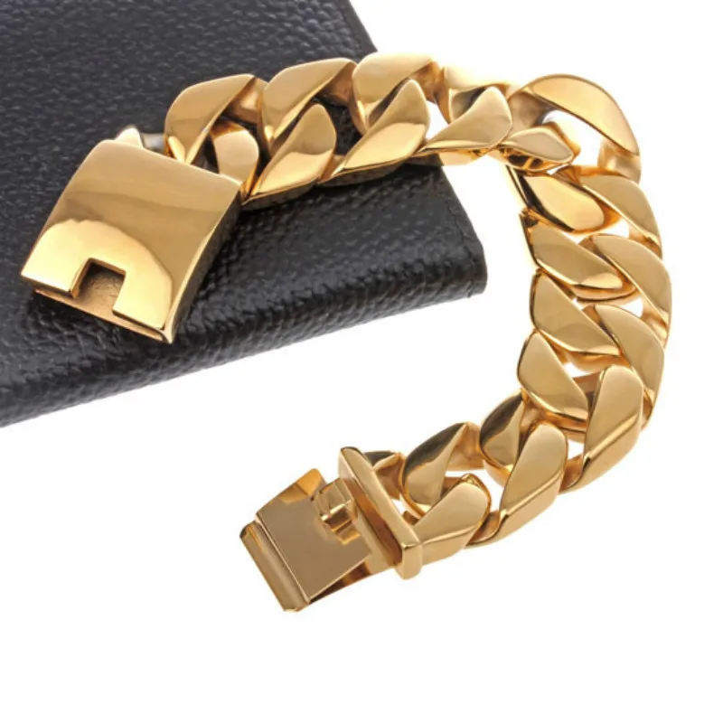 Последняя панк Рок Мужская Толстая Тяжелая золотистая титановая сталь Куба модный тренд Большой браслет лицо толстые широкие ювелирные изделия