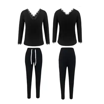 

Women's plain dark V-sexy lace casual jacket drawstring pocket trousers suit