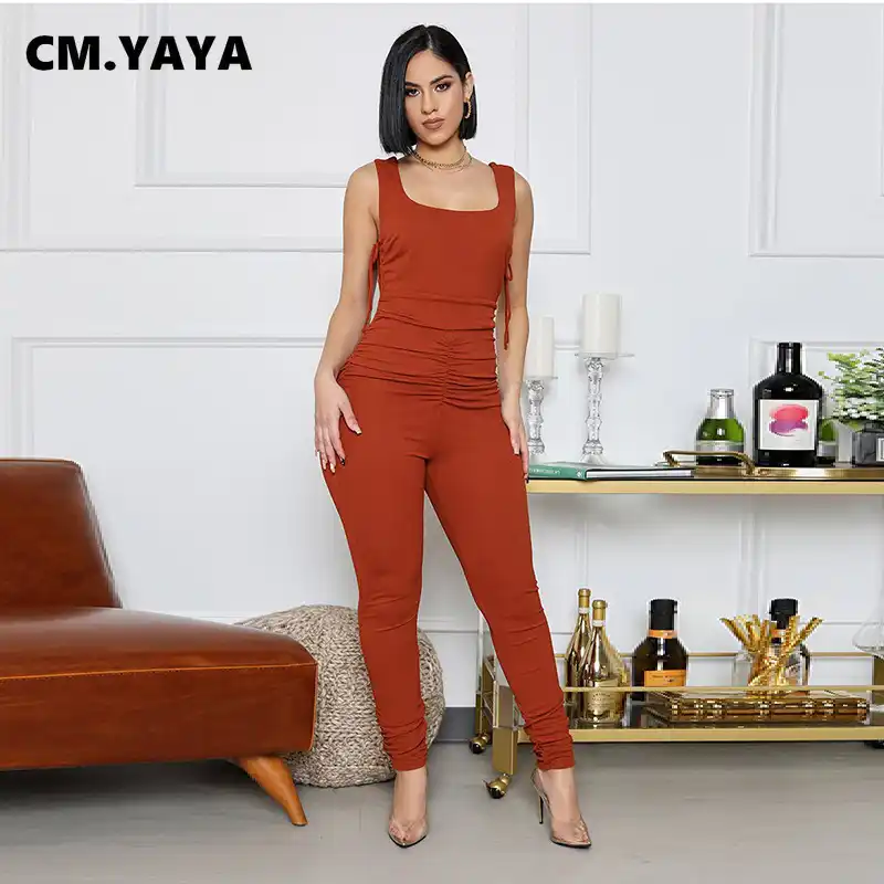 センチメートル ヤヤファッション春カジュアルノースリーブ全身プリーツジャンプスーツセクシーなスキニーボディコンワンピース女性21 Aliexpress