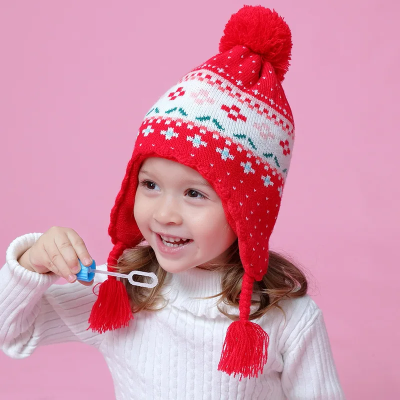 

Winter Hat Girl Earflap Beanie Autumn Knit Warm Fleece Lining Red Pompom Outdoor Skiing Toddler Baby Accessory