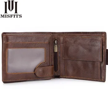 

MISFITS Genuine Leather Wallet Men with Coin Pocket Vintage Short Purse for Male Carteira Masculina Card Holder Zipper Money Bag