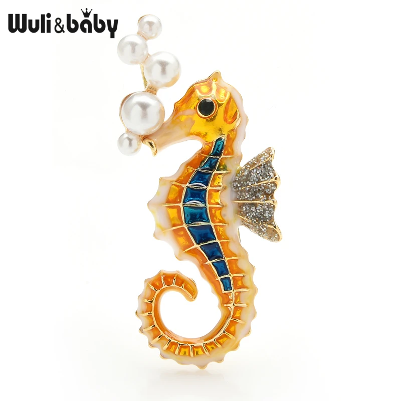 

Wuli&baby Pearl Seahorse Brooches Women Unisex 3-color Enamel Sea Animal Party Casual Brooch Pins Gifts