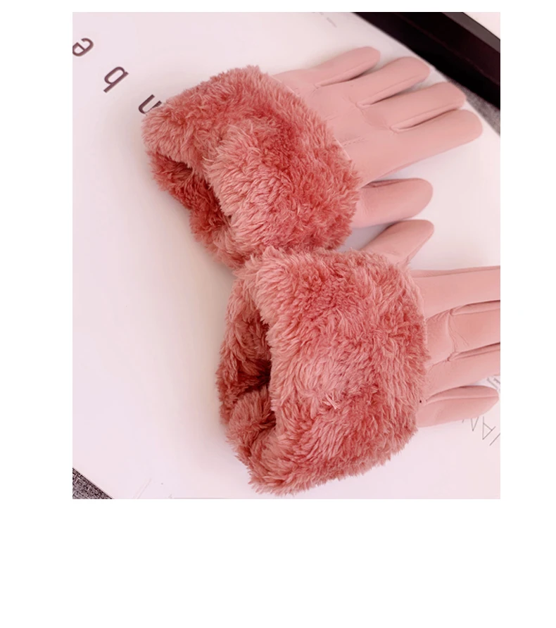 Leather gloves female winter plus velvet thick warm cute student riding driving windproof waterproof touch screen gloves