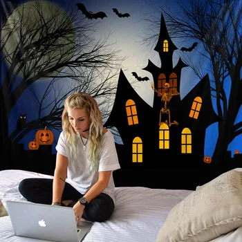 

Halloween Haunted Pumpkin Tapestry Hanging Art Beach Blanket Picnic Sheet for Home Bedroom Living Room Wall Decor 150 x 130cm