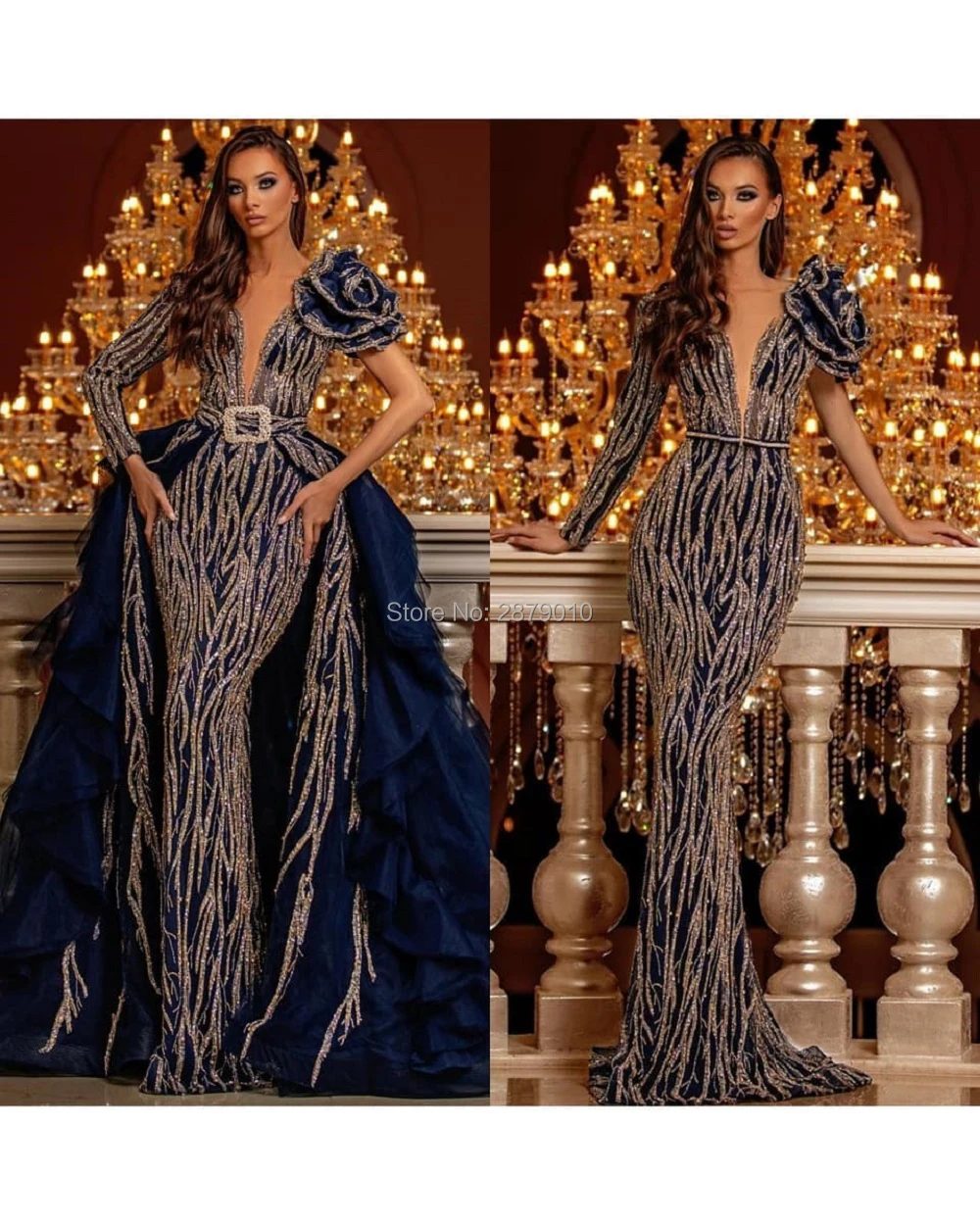 Вечернее платье с юбкой-годе v-образным вырезом со съемной юбкой длиной до пола