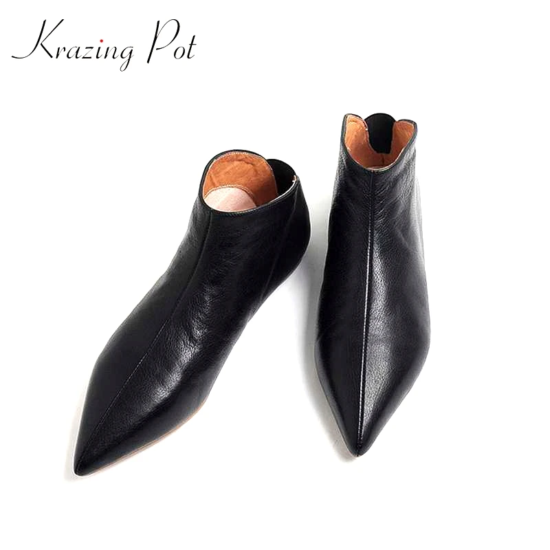 Krazing Pot Big Size Full Grain Leather Soft Winter Spring Women Pointed Toe Slip on Flats Office Lady Pregnant Shoe women shoes casual shoes women flats