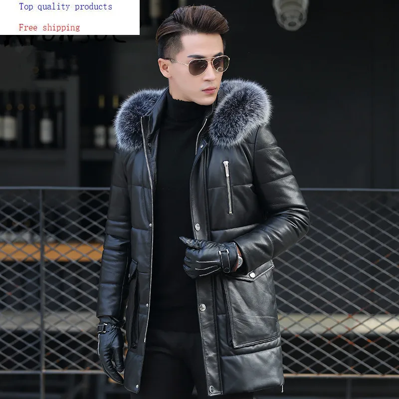 Men's Sheepskin Coat Genuine Leather Winter Duck Down Jacket Men Fox Fur Collar Hooded Mens ATR7811 YY318 | Мужская одежда