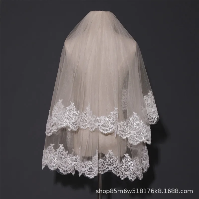 Double Layer Sequin Lace Champagne Color Veil Hair Comb Short Veil Wedding Accessories Studio Photo Shoot Bride Marriage Veil