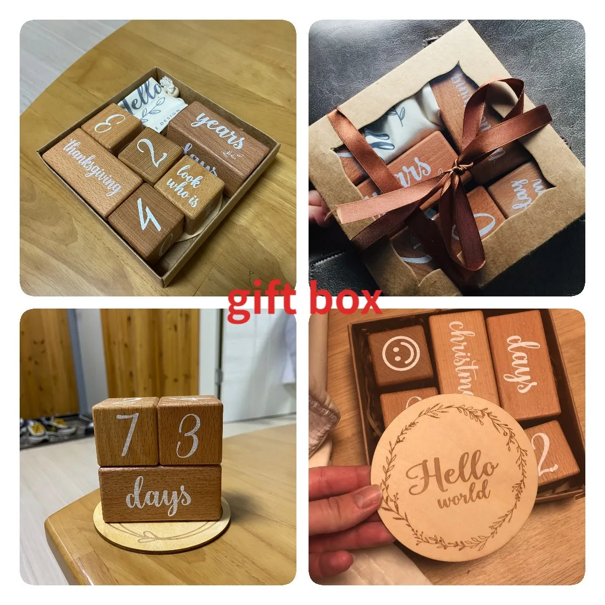 1Set Baby Month Milestone Card Beech Wooden Blocks Square Engraved Stacking Toys Newborn Birth Month Birthday Photography Props