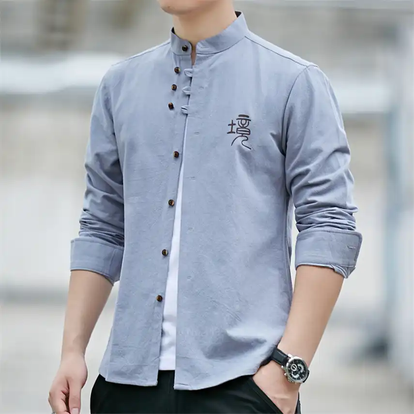 Men Linen Grandad Collar Shirt Retro Chinese Suit Button Down Slim Fit Top Solid