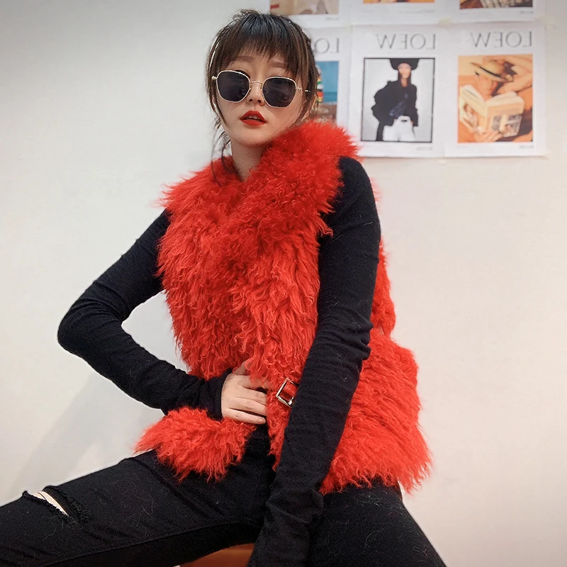 genuine leather women vest new arrival winter long fur T wool short paragraph Slim wild thin vest jacket