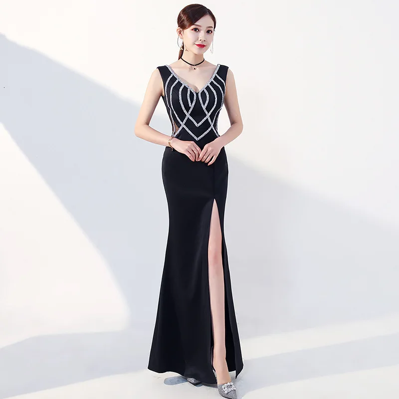 Черный V образным вырезом сексуальное Cheongsam Современный Русалка Тонкий Вечерние платья Qi Pao Для женщин в традиционном китайском стиле Костюмы платье Qipao продвижение - Цвет: Photo color