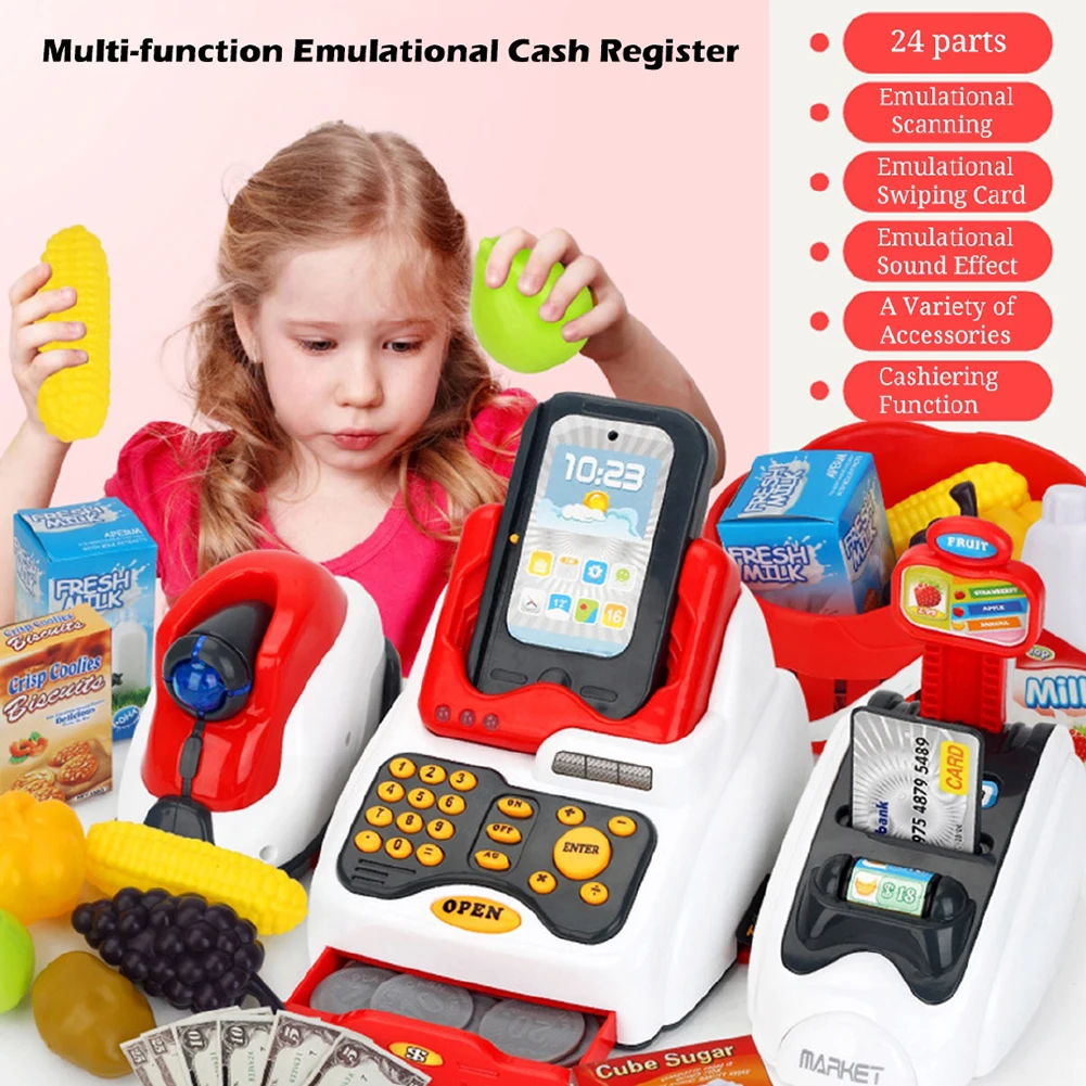 24Pcs Children Pretend & Play Toys Miniature Supermarket Cash Register Toys Counter Pretend Play Role