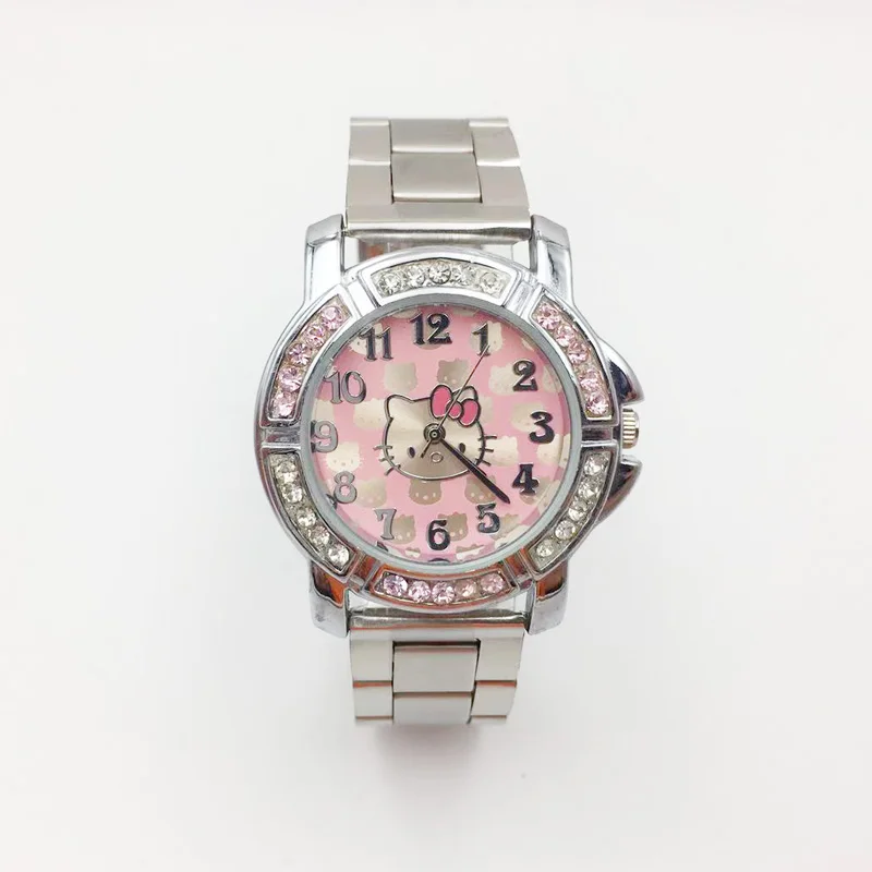 classic design hello kitty cat cartoon watch for women fashion ladies wrist watches shinning crystal pink dial stainless steel bracelet girls students clock female free shipping (13)