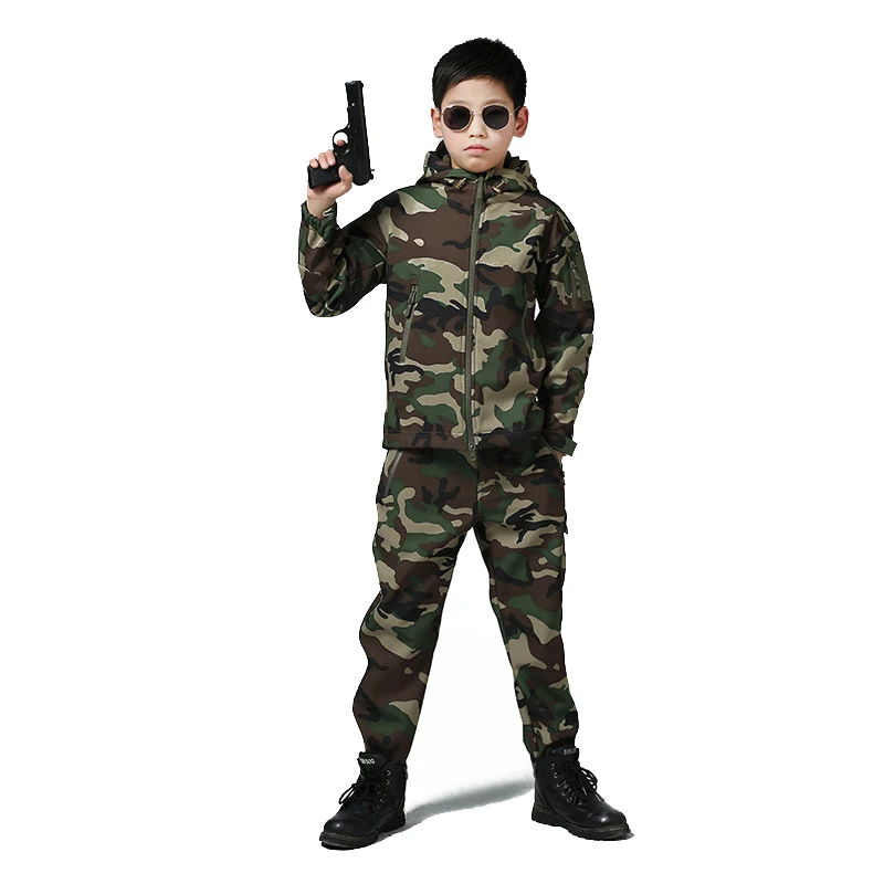 Outdoor Sports BDU Shooting Coat Tactical Combat Clothing Camouflage Outdoor Hoody Softshell Kid Child Jacket - Цвет: Woodland