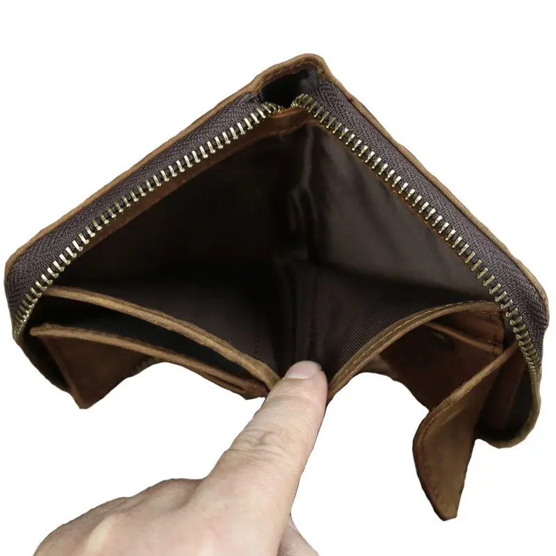 Short Organizer Wallet Man With Zipper Around Genuine Leather Male Coin Purse Crazy Horse Leather Card Holder For Boys Vintage