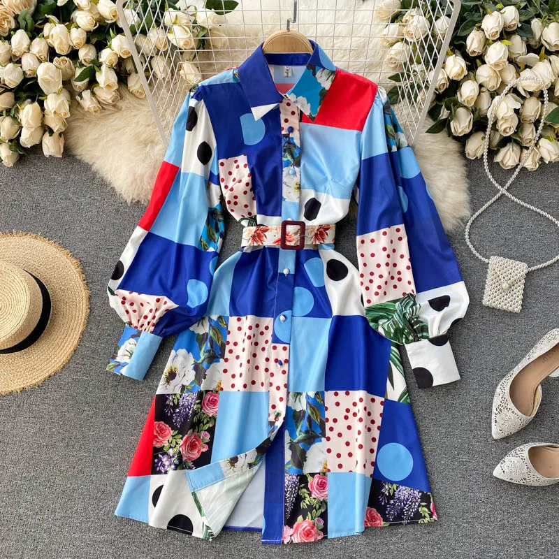 2021 vintage fashion printing hubble-bubble sleeve lapel accept waist with a single-breasted shows female dress