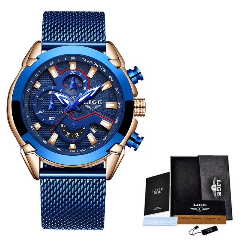 rose gold all blue Reloj Hombre LIGE модные повседневные мужские s часы лучший бренд класса люкс водонепроницаемые кварцевые часы с календарем Мужские Классические Спортивные Хронограф - Цвет: rose gold all blue