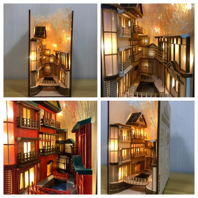 Spiriteds Away DIY Wooden Dragon Alley Book Nook Shelf Insert Kits Ginzan Onsen Building Bookends Anime Bookshelf Furniture Toys 6