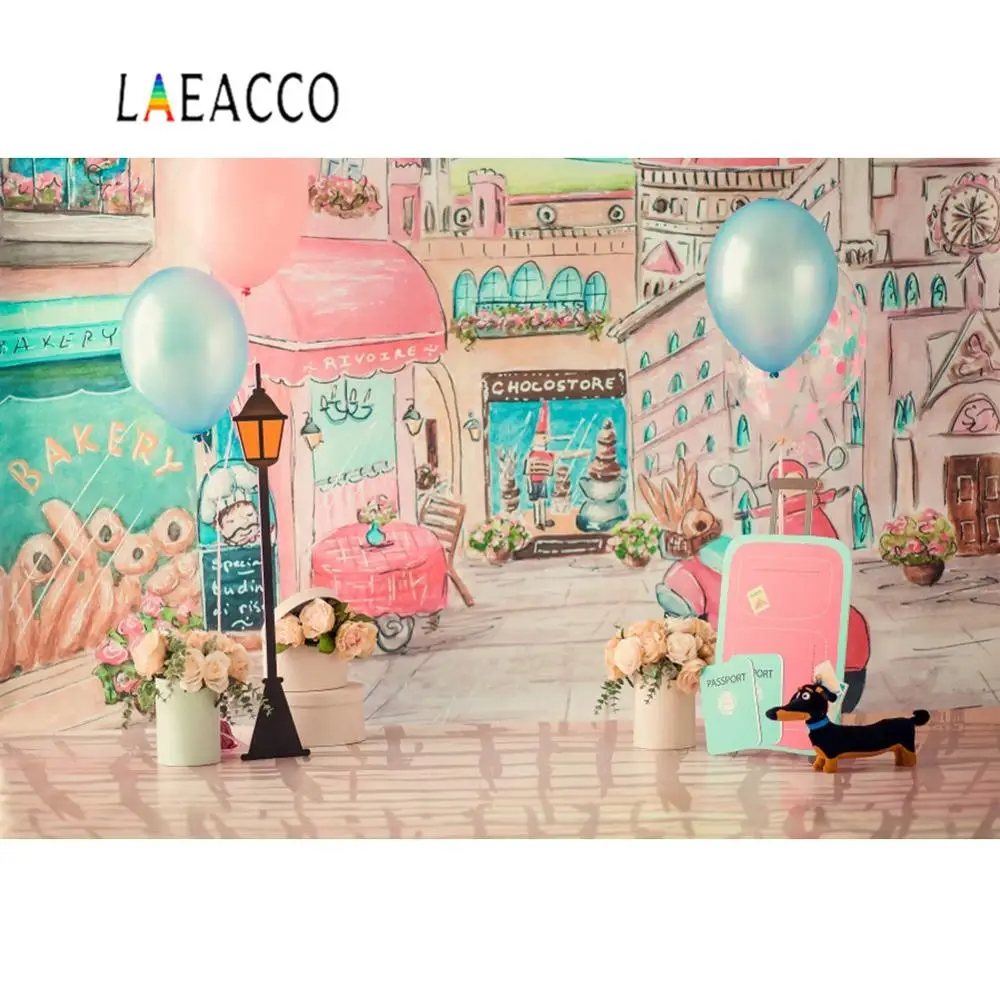 

Laeacco Pink Watercolor Modern City Shop Balloons Baby Street Pattern Photo Backgrounds Photographic Backdrop For Photo Studio