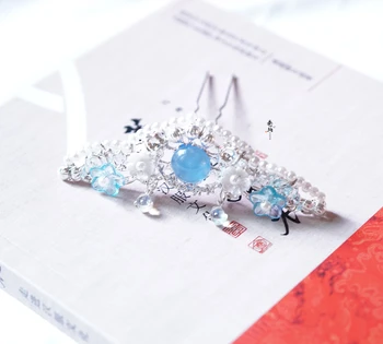 

Women Hanfu Hair Crown Headdress Hair accessories Tassel Blue Red Lotus Daily Costume Hair crown Female Kanzashi Hair Ornaments