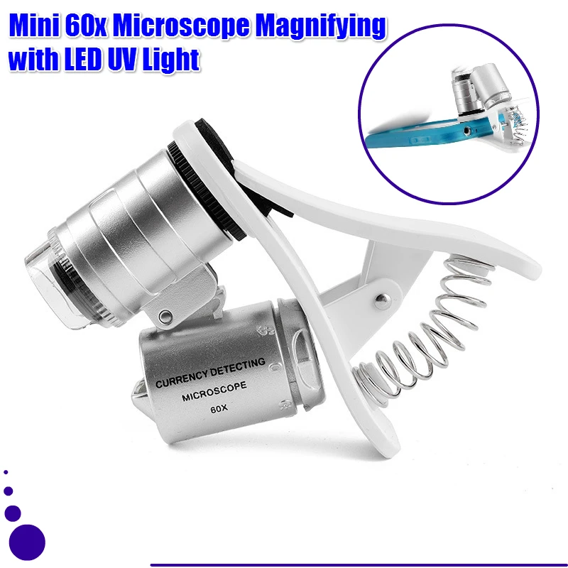 

Mini 60X Microscope Magnifying with LED Portable Jewelry Identification Microscope Lens Mobile Adapter Clip Dove Eye Shooting