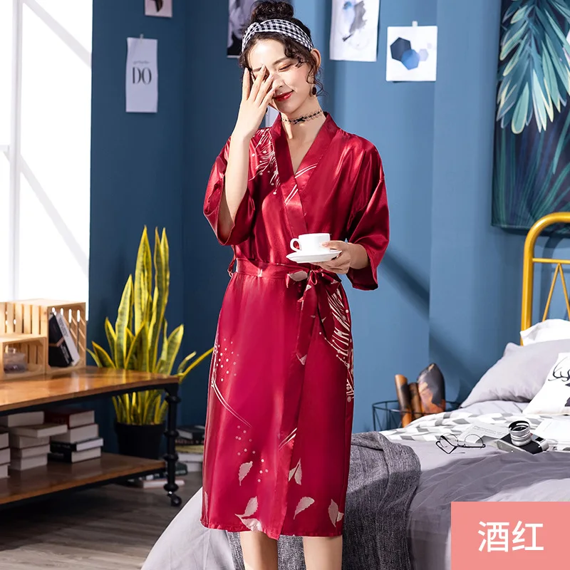 MS new Women's summer kimono robe ladies silk wedding pajamas bathrobe satin pajamas bathrobe pajamas gowns home service M-XXL - Color: Red