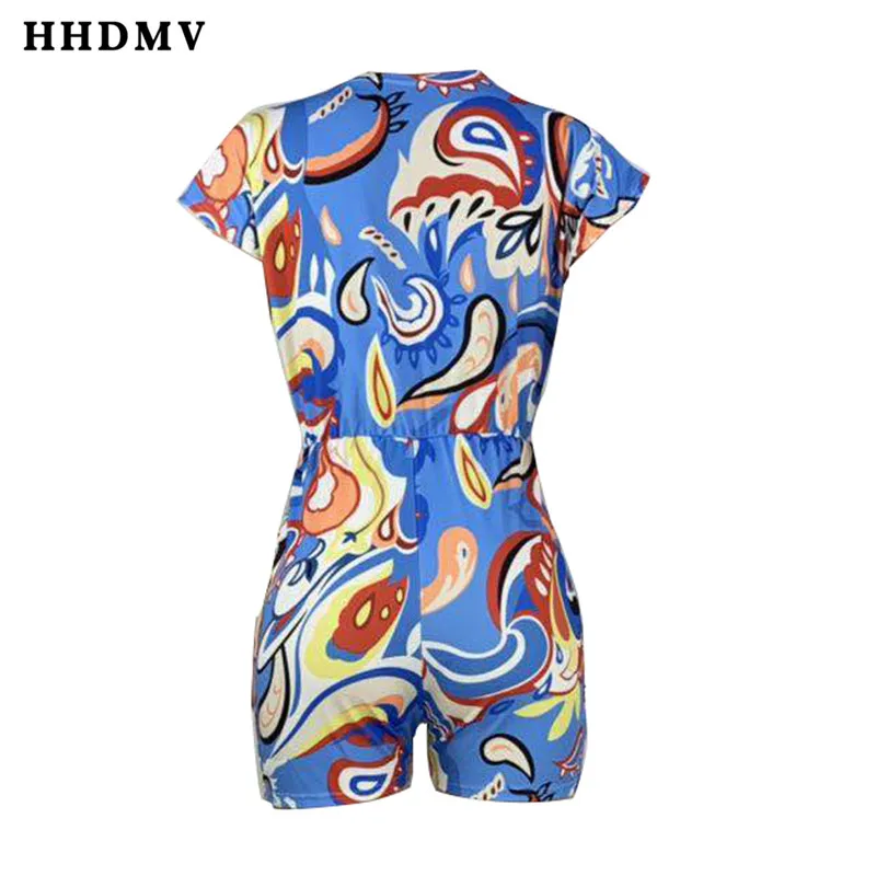 HHDMV OX8051 Fashion Women Summer Colorful Print Short Sleeve Playsuit Sexy Club Short Pant Rompers V-neck Jumpsuit