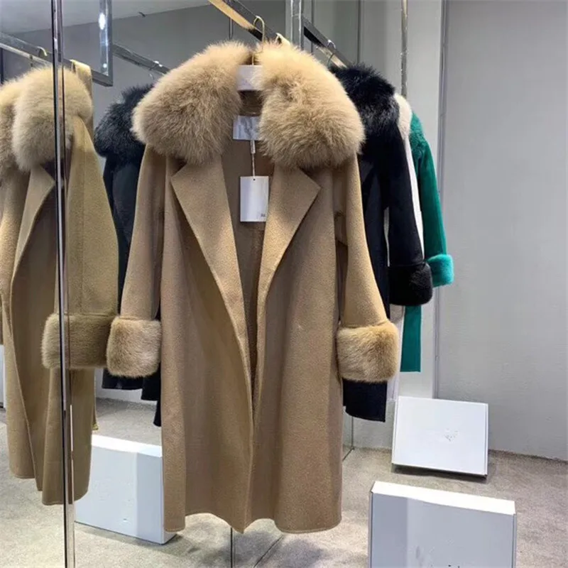 

Autumn winter luxury real fox fur collar mink fur cuffs Women's handmade alpaca cashmere coat with belt