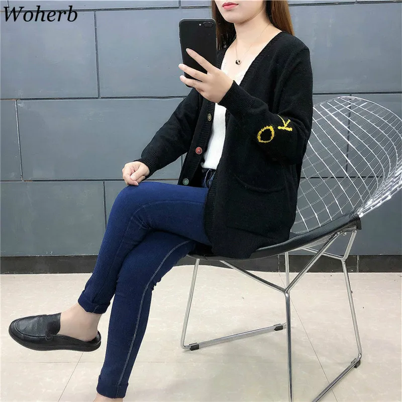 Woherb кардиган Женские топы v-образный вырез длинный рукав однобортный Тоторо мультфильм свитера для женщин Повседневное вязаное Свободное пальто студентов