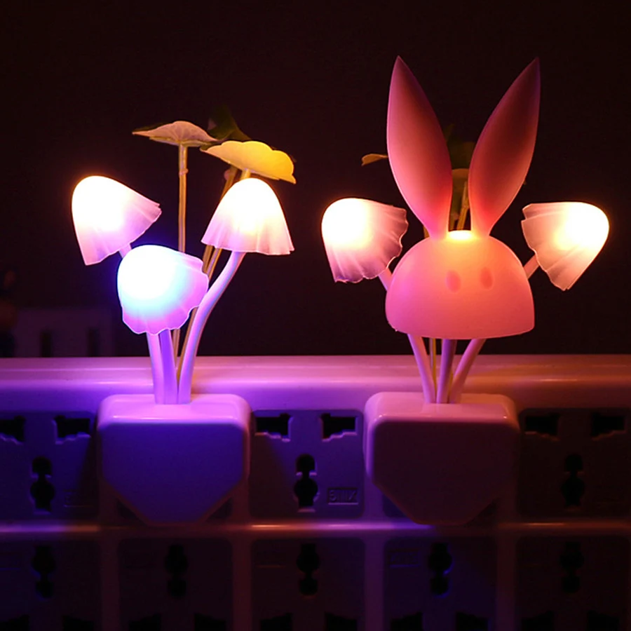 LED-Mushroom-Rabbit-Night-Light-US-EU-plug-Smart-Light-Sensor-Changeable-Color-Lamp-Wall-Lamp