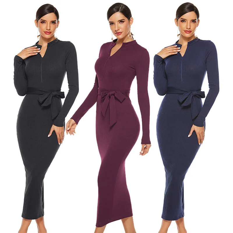 

Sexy Sweater Dress Long Sleeve Women Slim Solid Maxi Dresses Bodycon Stand Neck Knitted Dress